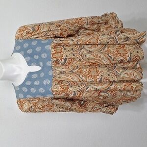 Jodifl Bohemian Paisley Mixed Media Hippie Balloon Sleeve Peasant Boho Top L